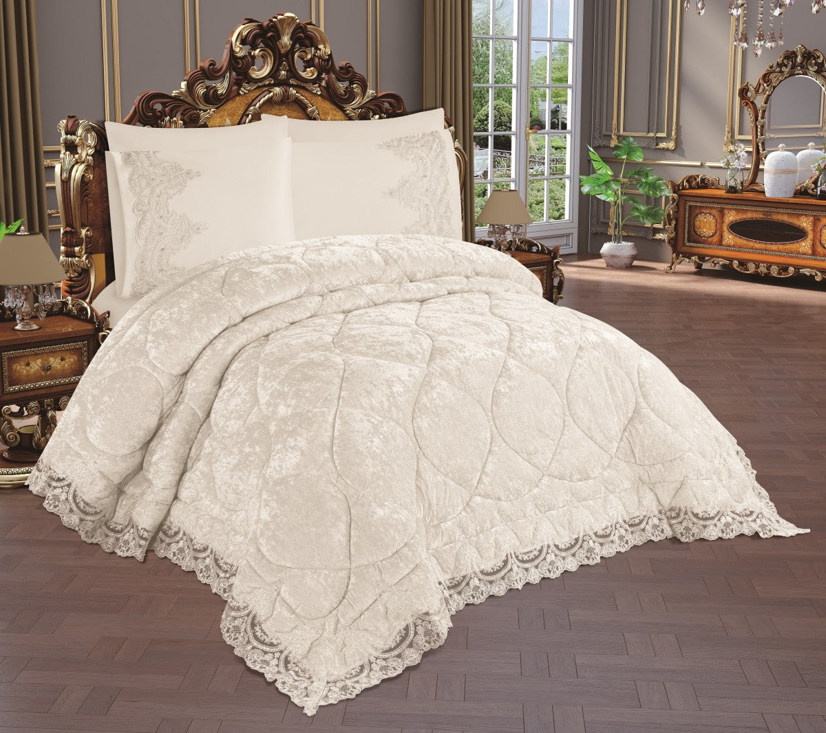 Luxury Bed Velvet Wedding Set Izer Cream Pearl and Lace